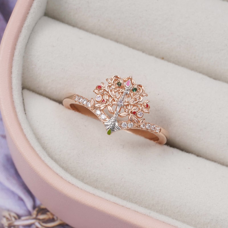 Tree of Life V Ring Sterling Silver 18K Rose Gold Plated Inlaid with Colorful Gemstones_2