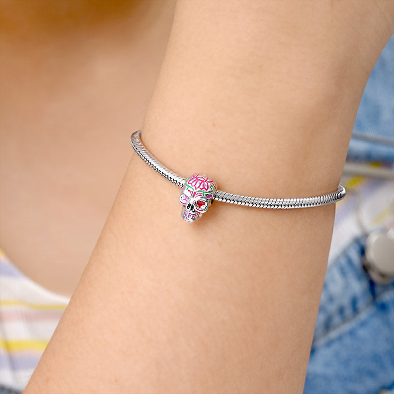“I Love Life” Flower Skull Charm Bead 925 Sterling Silver_3