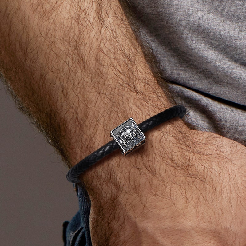 Indian Bull Skull Men's Vintage Bead S925 Sterling Silver with Gift Copper Black Leather Men's Bracelet Jewelry for Men_4