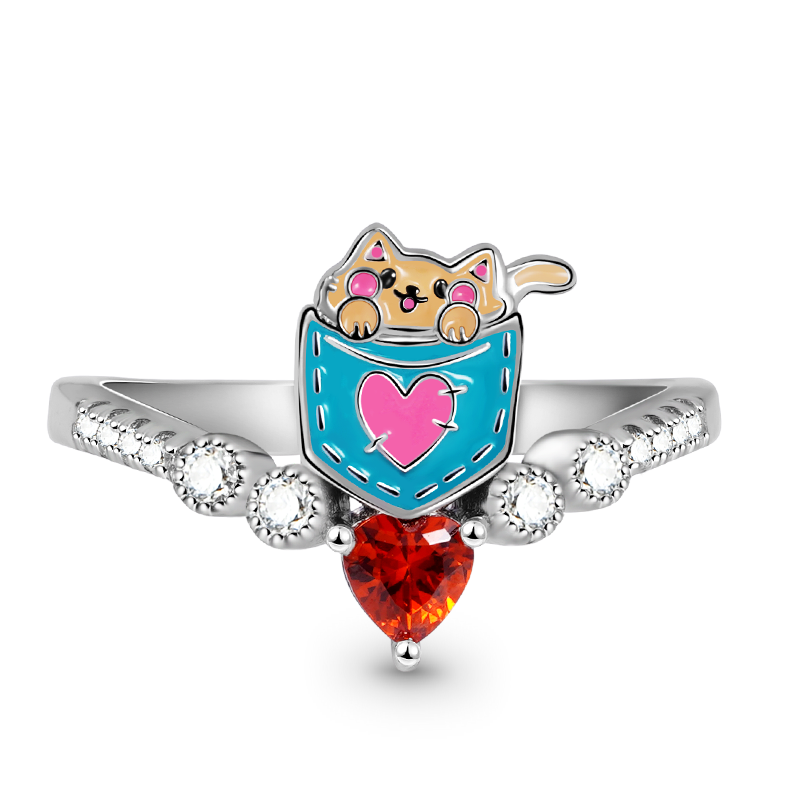 Cute Pocket Cat V Ring Sterling Silver Inlaid with Ruby & CZ Stones_1