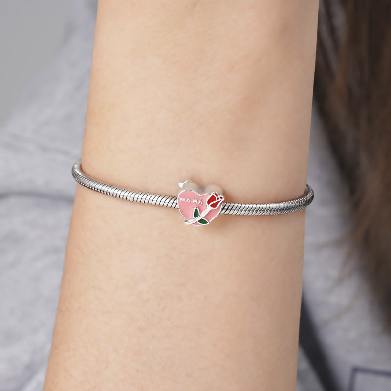 "MA MA" Heart Charm Bead with Rose Pattern 925 Sterling Silver Mother's Day Gift_3