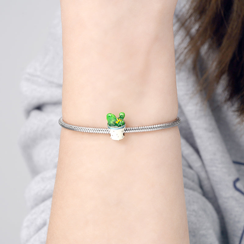Cactus Charm Bead 925 Sterling Silver with Green and White Enamels_3