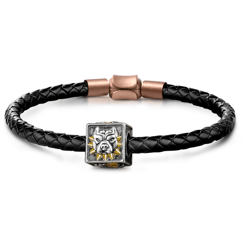 American Bully Pitbull Men's Vintage Bead S925 Sterling Silver with Gift Copper Black Leather Men's Bracelet Jewelry for Men_1