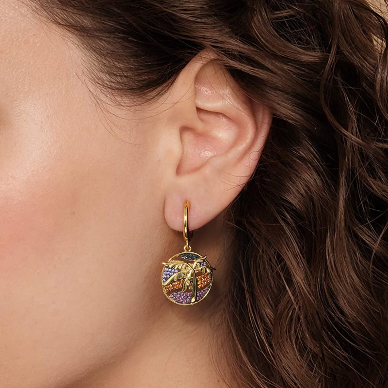 Coconut Tree Single Dangle Earring 925 Sterling Silver 18K Gold Plated Inlaid with Colorful Gemstones_3
