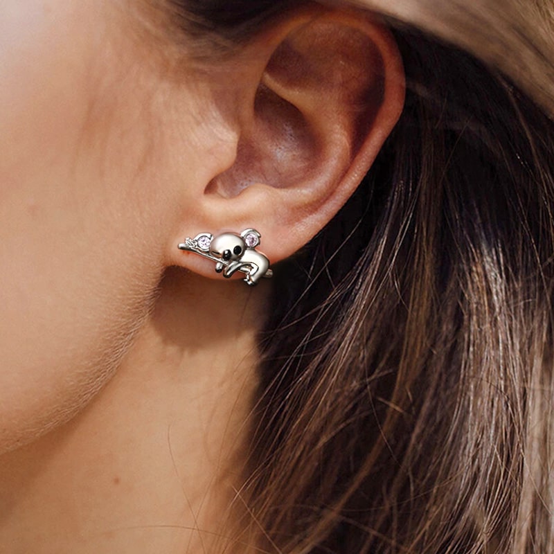Gnoce Slothful Koala Bear Stud Earrings Platinum-plated Silver Blend_3