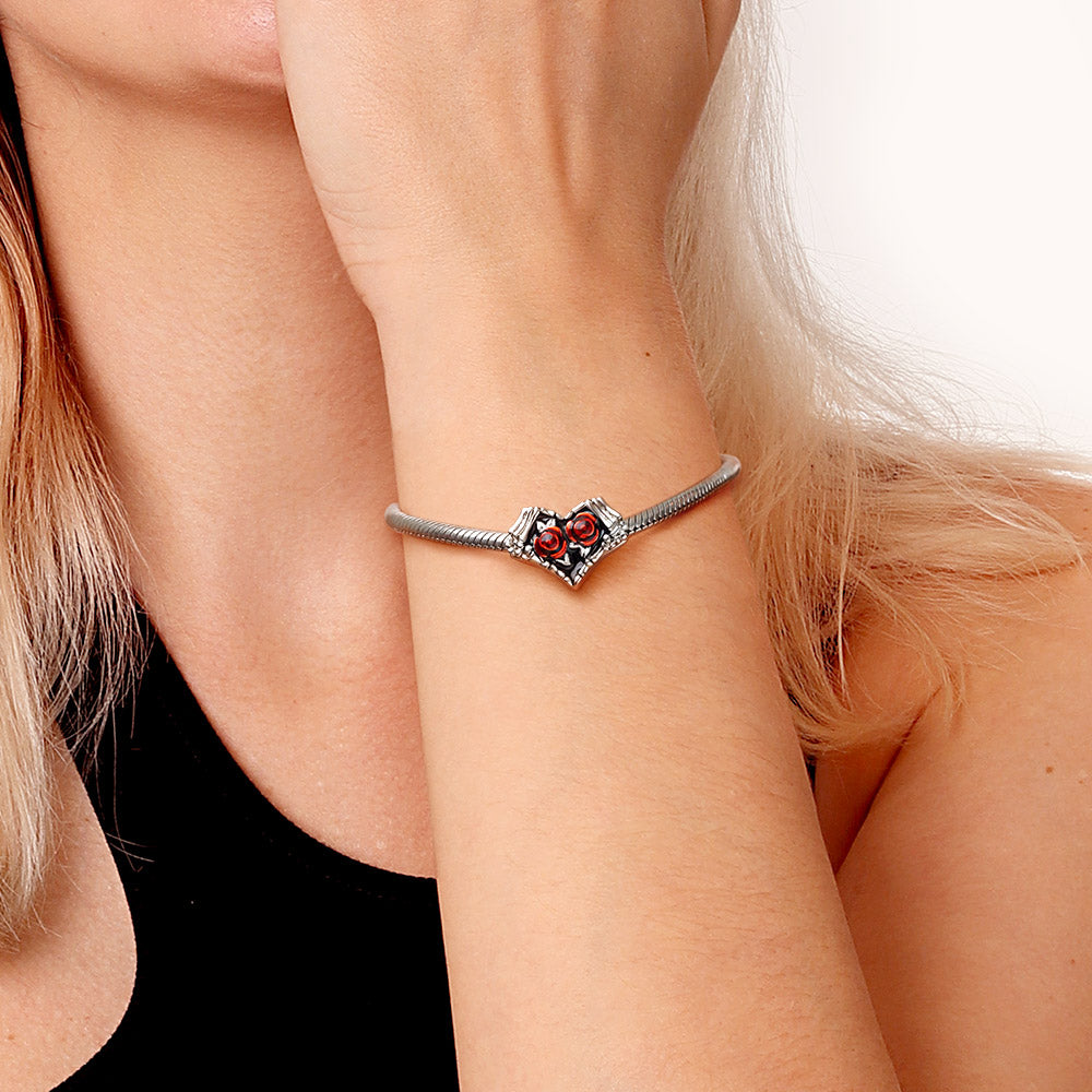 Gnoce "Love Will Never Fade" 925 Sterling Silver Gothic Red Rose Skeleton Charm Fit Pandora Bracelet_4