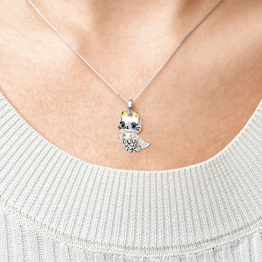 Gnoce Cute Cat Mermaid Necklace Platinum-plated Silver Blend_4