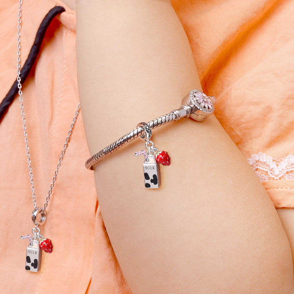 Milk & Strawberry Pendant Dangle Charm 925 Sterling Silver_4