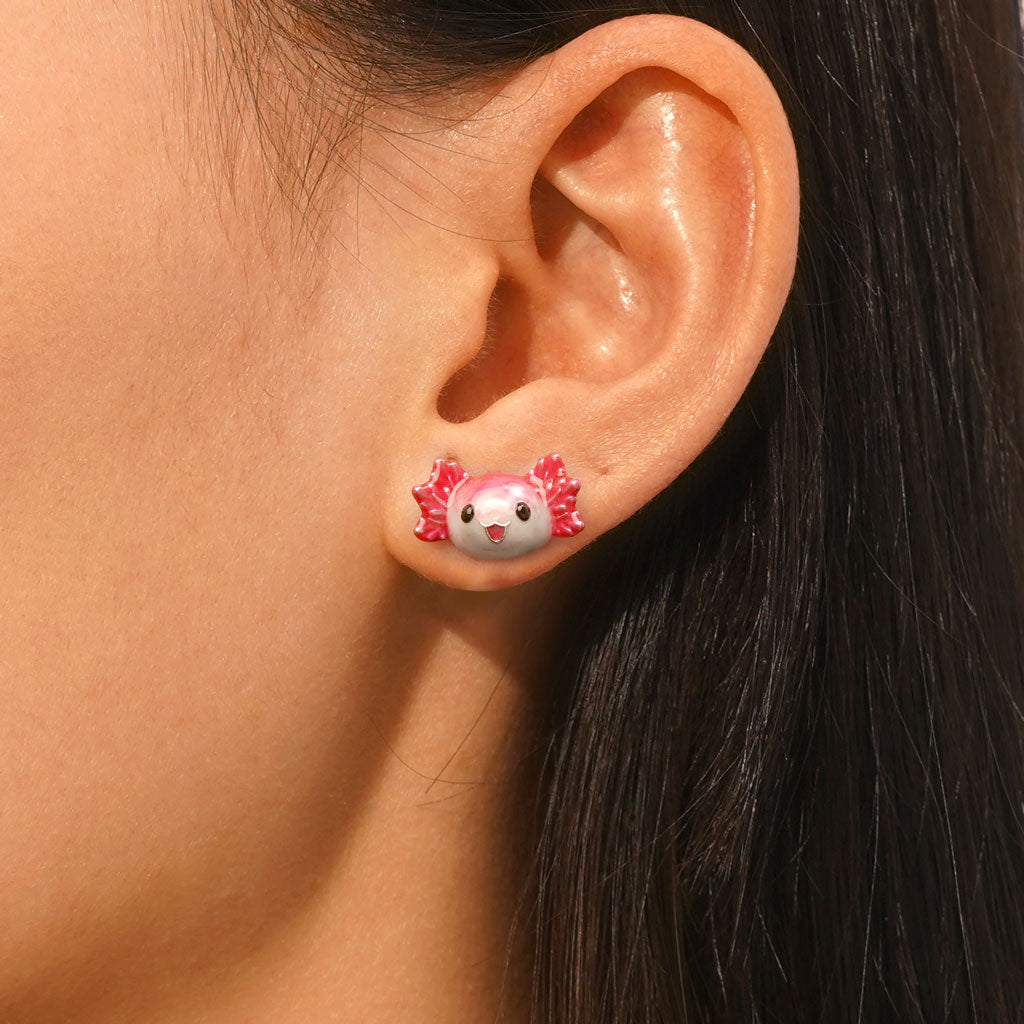 Gnoce Pink Mexican Axolotl Stud Earrings Platinum-plated Silver Blend_5