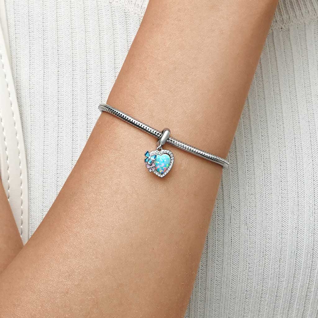 Gnoce Flying Butterflies with Natural Opal Heart Pendant Dangle Charm_5