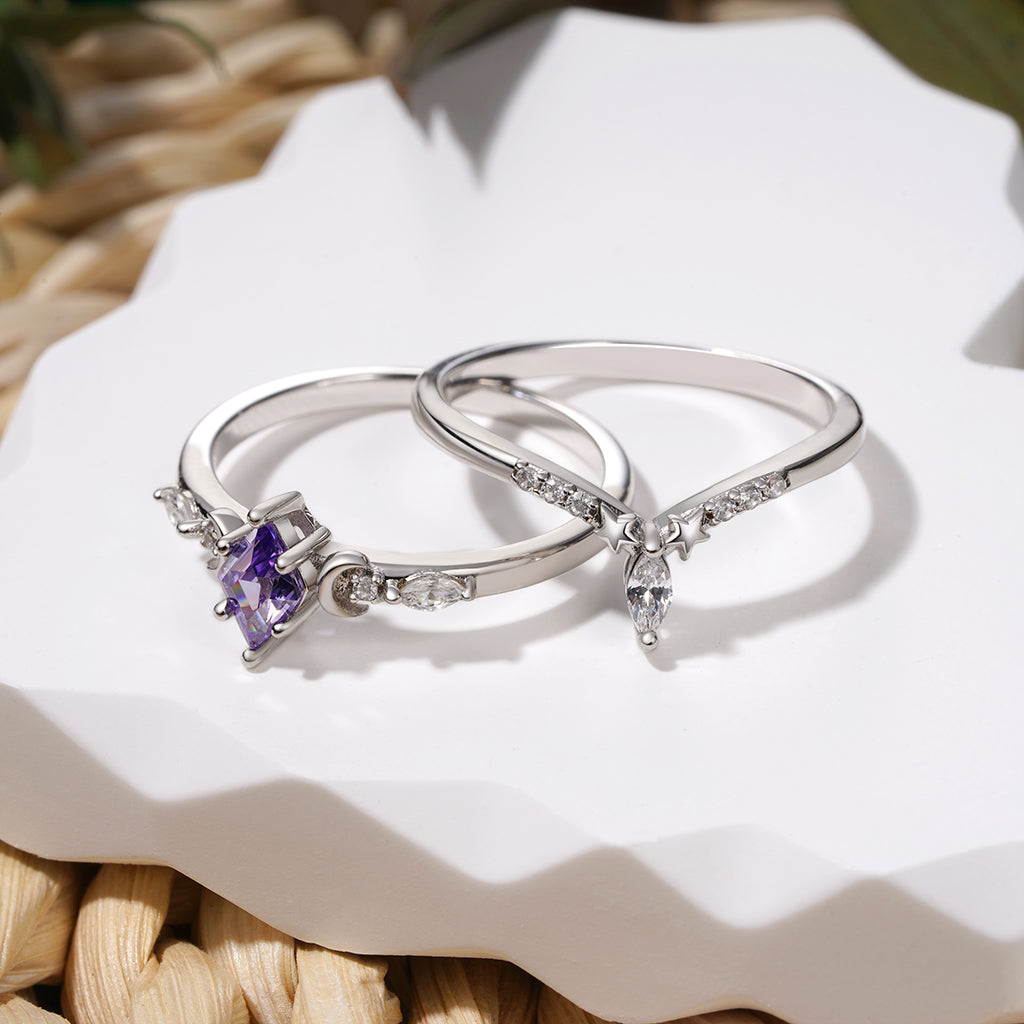 Gnoce Purple Diamond-cut Star Moon Stackable Rings_3
