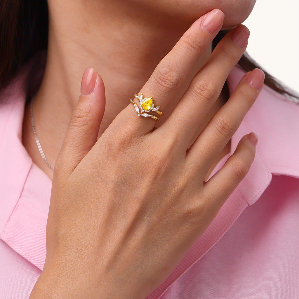 Gnoce Pear-Cut Yellow Diamond White Zirconia Stackable Ring_4