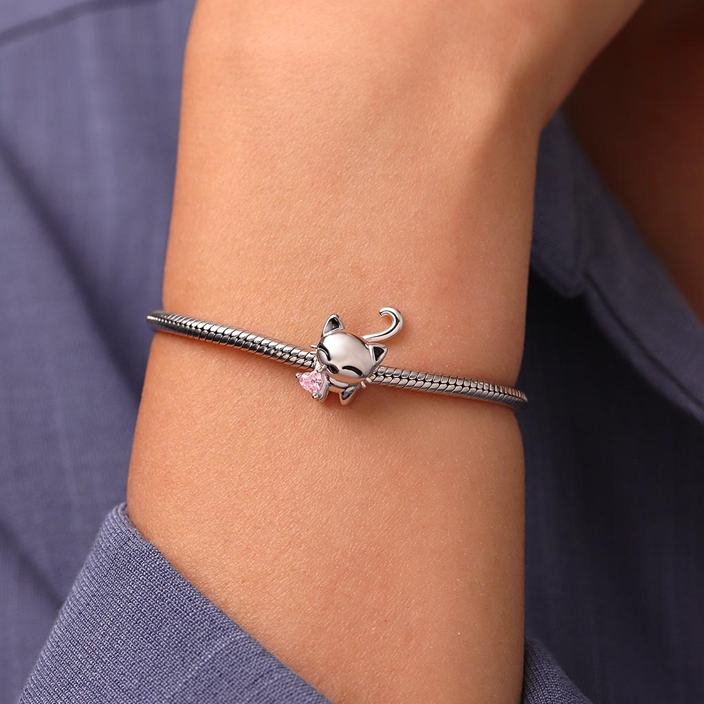 Gnoce White Cat Heart Tail Birthstone Charm_7