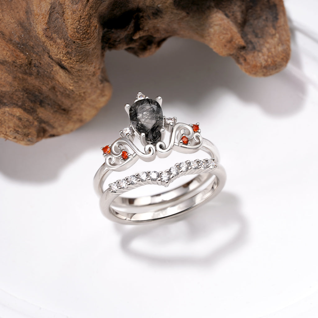 Gnoce Pear Black Rutilated Quartz Stackable Rings_5