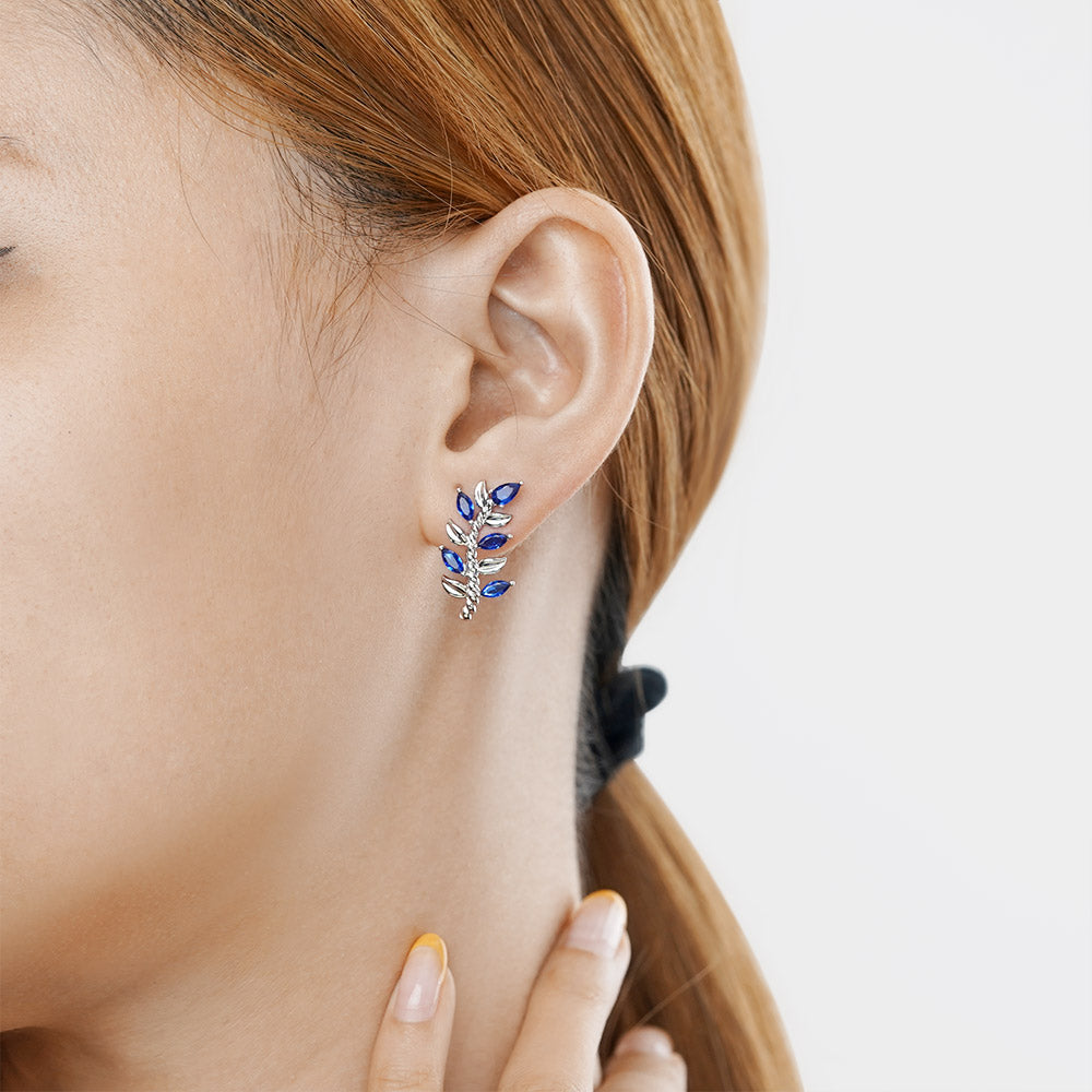 Gnoce Leaf & Stem Blue Gems Stud Earrings_4