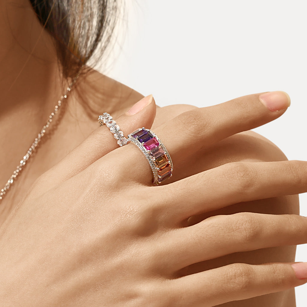 Gnoce Baguette Cut Rainbow Eternity Band Ring_6