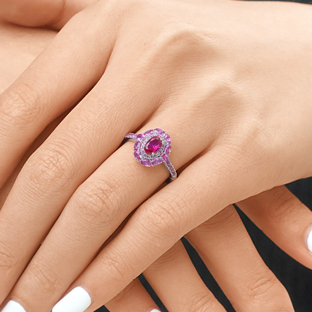 Gnoce Oval Fuchsia Double Halo Ring Platinum-plated Silver Blend_7