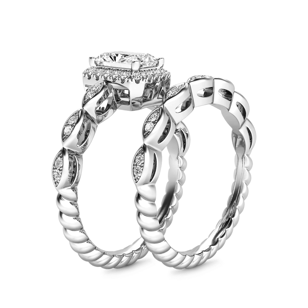 Gnoce Vintage Emerald Cut Halo Engagement Ring Set_2