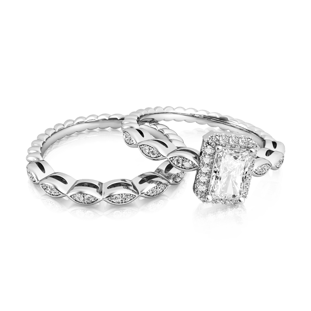 Gnoce Vintage Emerald Cut Halo Engagement Ring Set_4