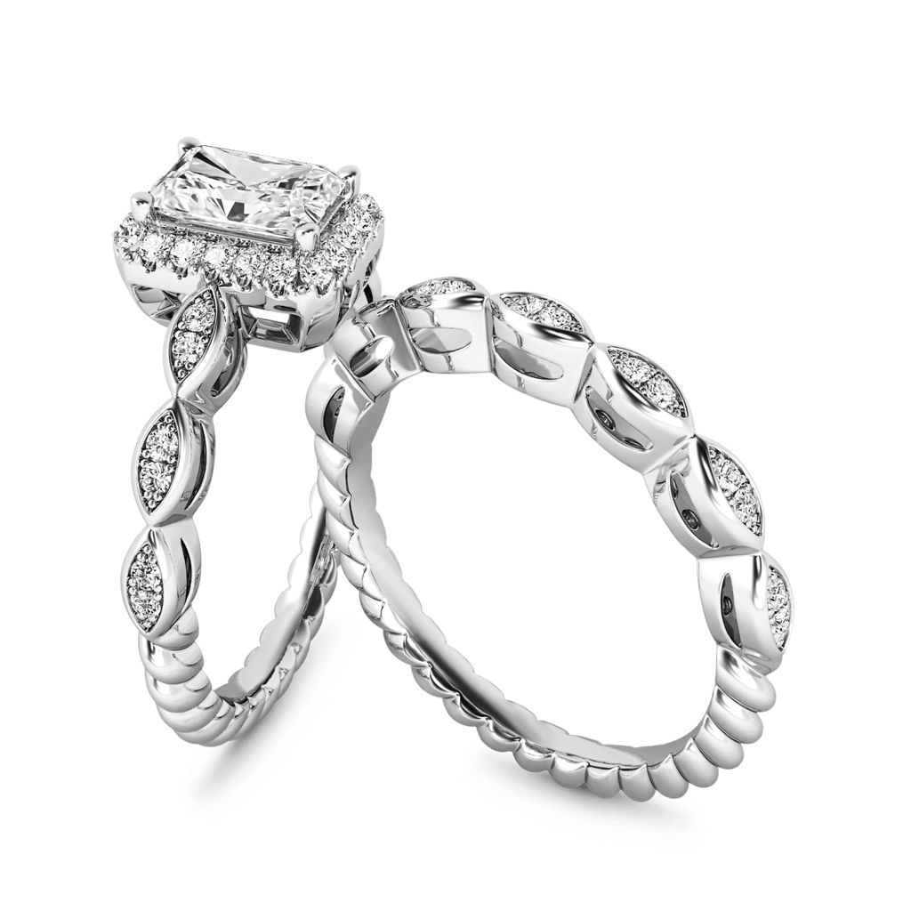 Gnoce Vintage Emerald Cut Halo Engagement Ring Set_3