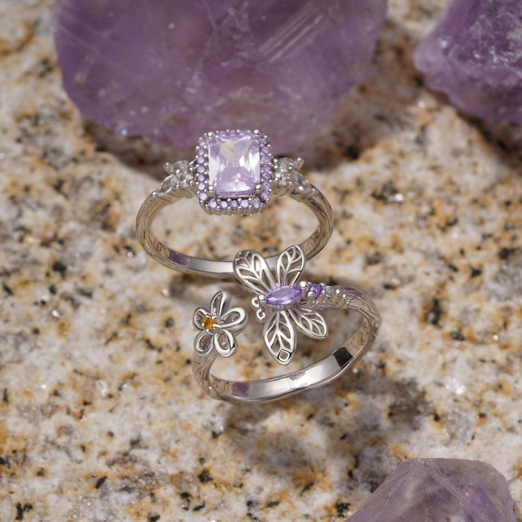 Gnoce Square-Cut Amethyst Diamond Leaf Ring_3
