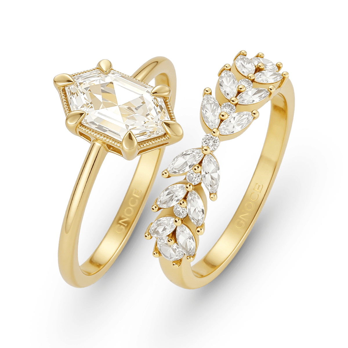 Gnoce Wheat Ears Long Hexagon-Cut Engagement Ring Set_4