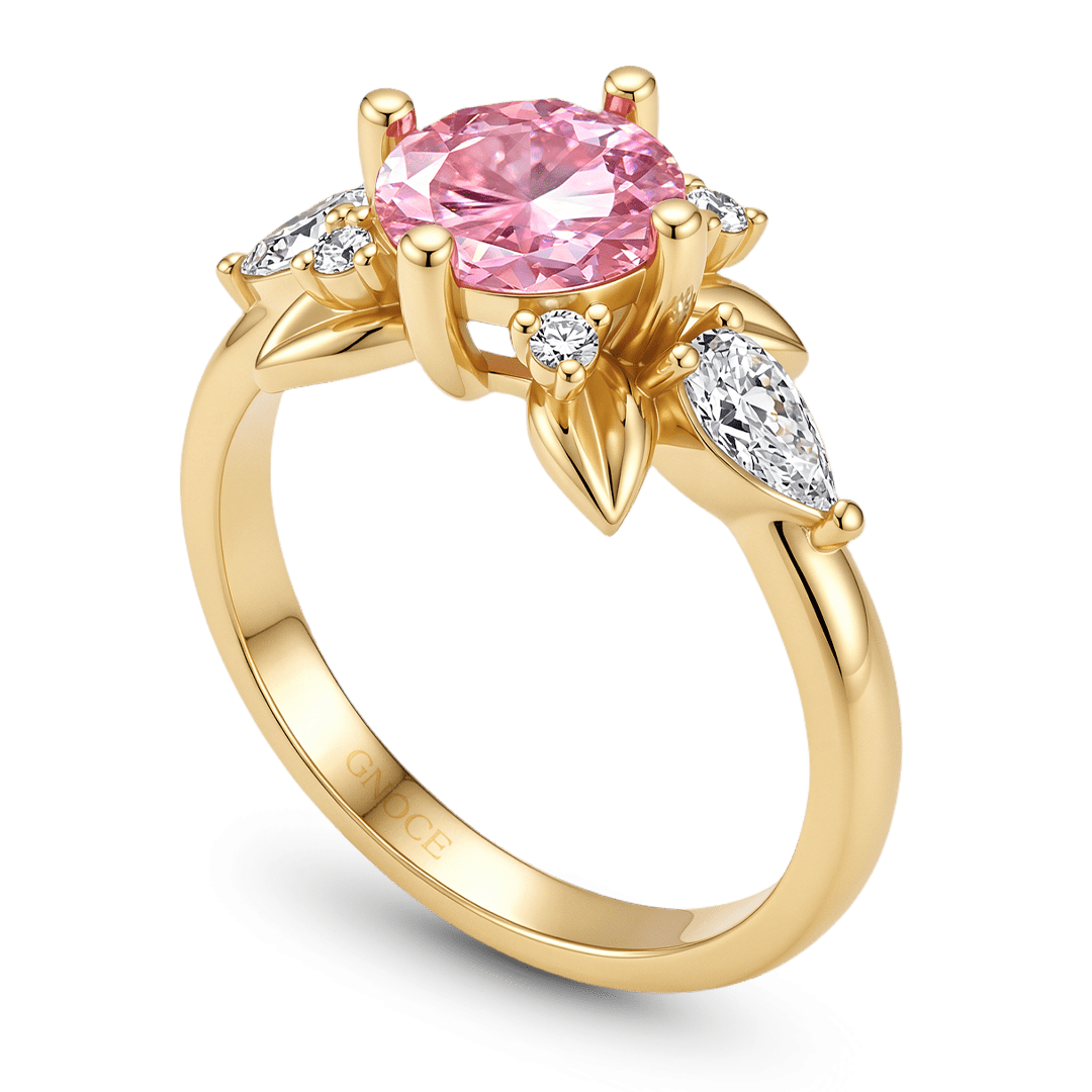 Gnoce Faceted Pink Stone Leaf Motif Ring_6