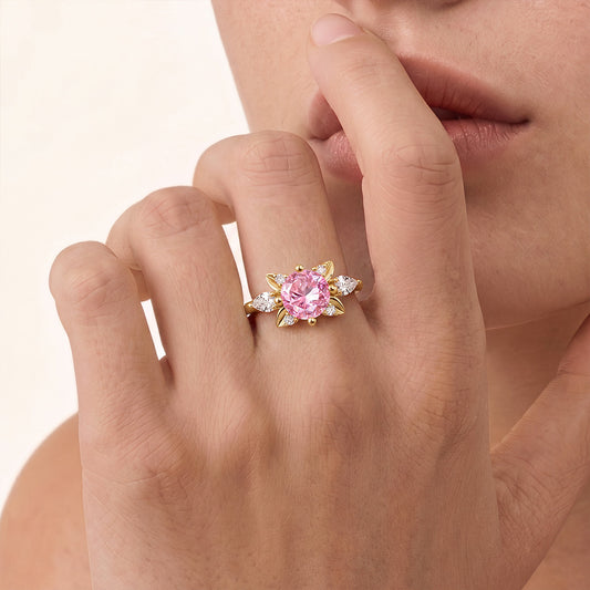 Gnoce Faceted Pink Stone Leaf Motif Ring_2