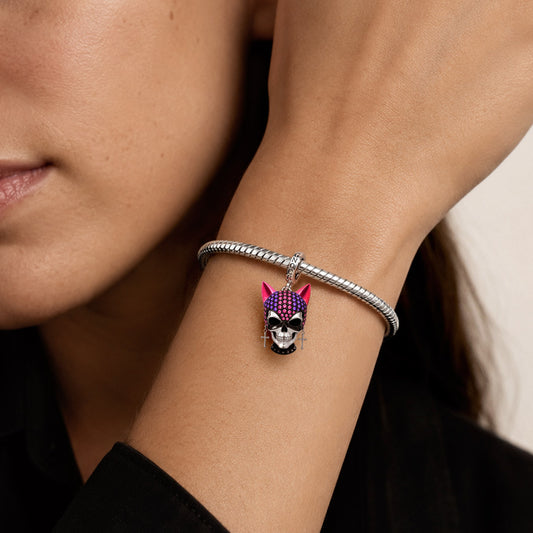 Gnoce Halloween British Punk Cool Skull Cat‑ear Clasp Dangle Charm Platinum‑plated Silver Blend_2
