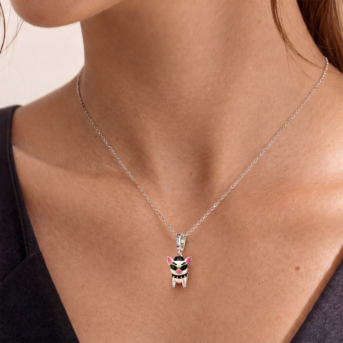 Gnoce Punk Glow‑in‑the‑dark Carefree Pig Rebel Clasp Dangle Charm Platinum‑plated Silver Blend_7