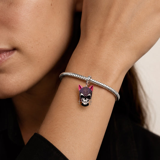 Gnoce Halloween British Punk Cool Skull Cat‑ear Clasp Dangle Charm Platinum‑plated Silver Blend_2