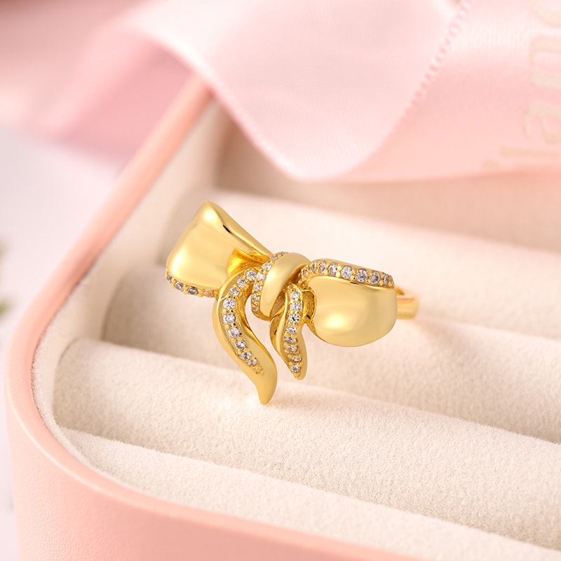 Bowknot Ring 925 Sterling Silver 18K Gold Plated with Round Cut Stones_2