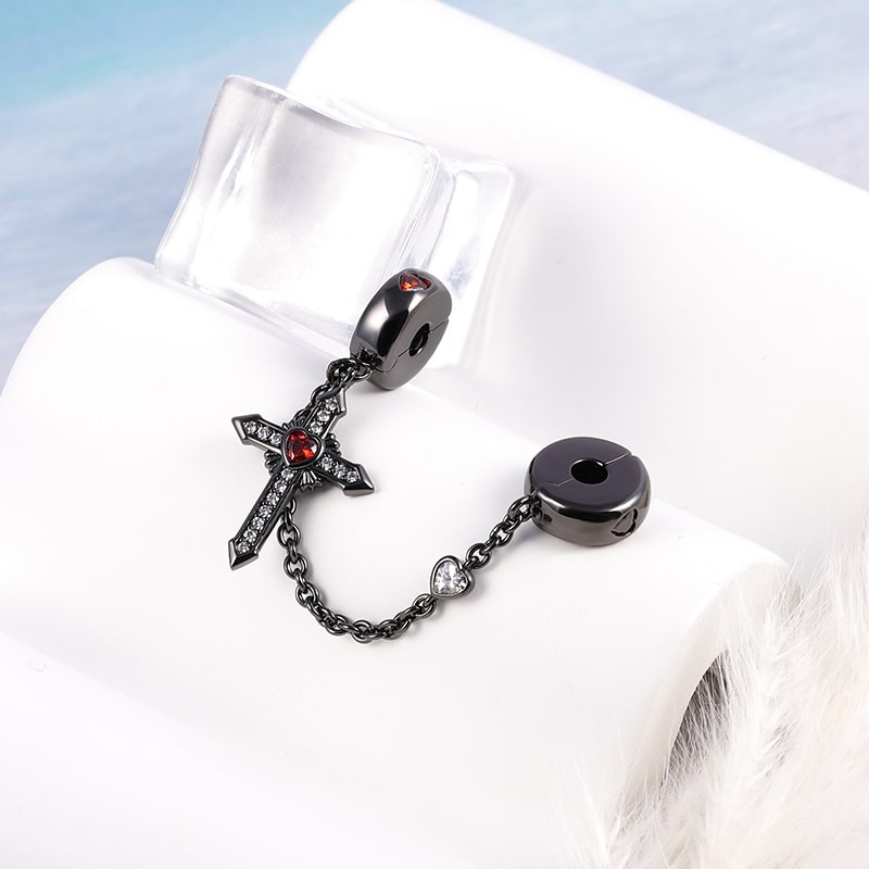 Black Cross Safety Chain with Shimmering Crystal Stones 925 Sterling Silver_2