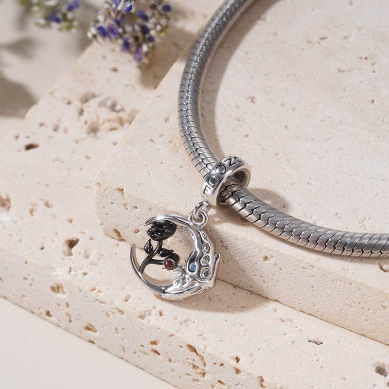 Skull Moon with Rose Pendant Dangle Charm Inlaid with Gemstones Sterling Silver_2