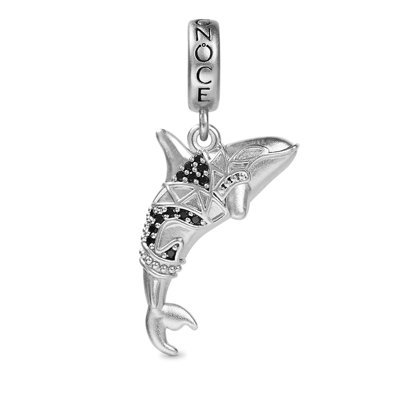Killer Whale Orca Pendant Dangle Charm Sterling Silver Inlaid with Black Stones_1