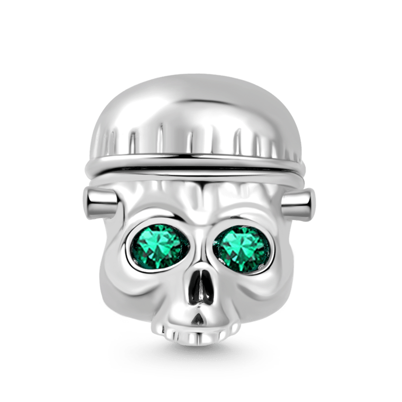 Skull with Openable Brain Charm Bead 925 Sterling Silver Inlaid with Emerald Zircon Eyes_2