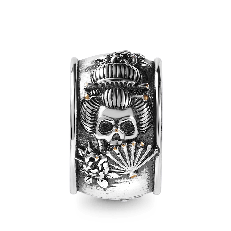 Geisha Skull Vintage Bead & Customized Classic Beads S925 Sterling Silver with Gift Copper Black Leather Men's Bracelet Jewelry for Men_2