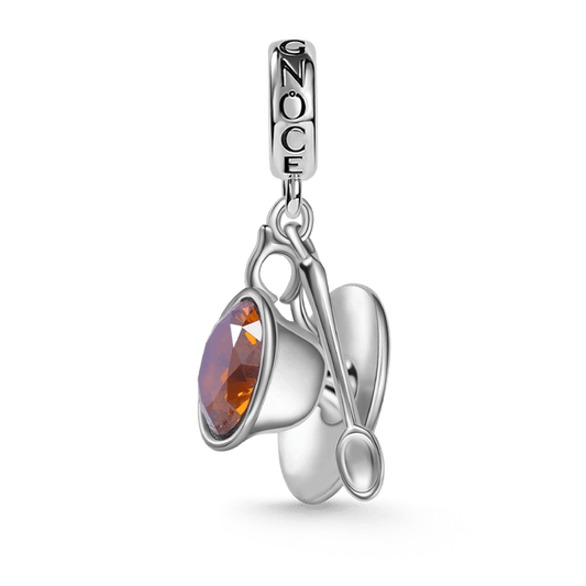 Tea Cup and Saucer Set Pendant Dangle Charm 925 Sterling Silver Inlaid with Brown CZ Stone_1