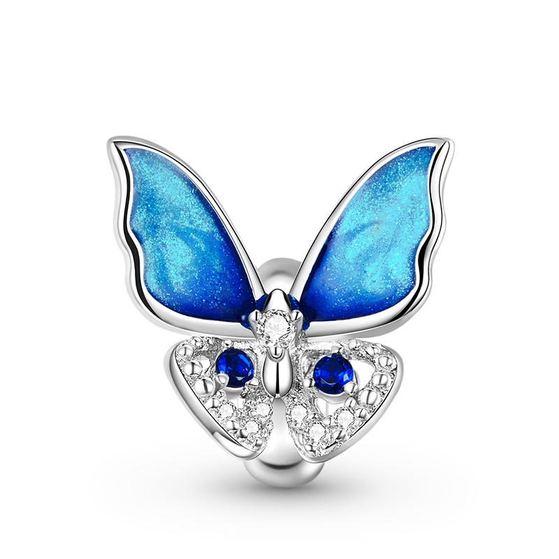 Blue Butterfuly Stopper for Charm Bracelets 925 Sterling Silver Inlaid with Clear Gemstones_1