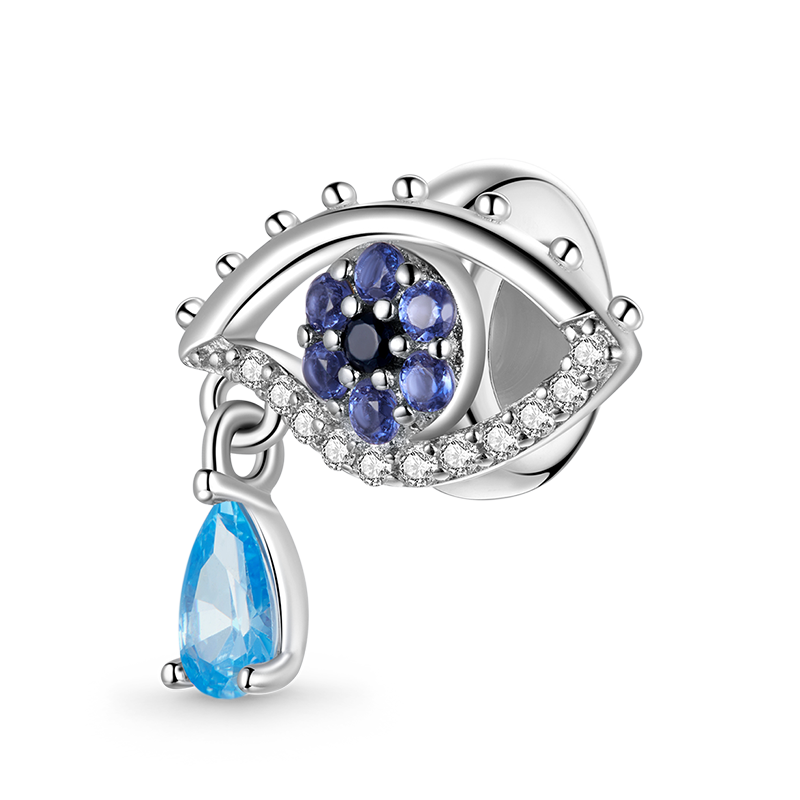 Mystery Eye Stopper for Charm Bracelets 925 Sterling Silver Inlaid with Blue and Clear Gemstones_1