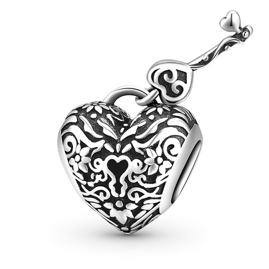 Heart & Key Vintage Charm Bead 925 Sterling Silver_1
