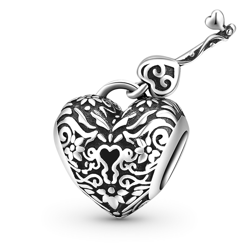 Heart & Key Vintage Charm Bead 925 Sterling Silver_1