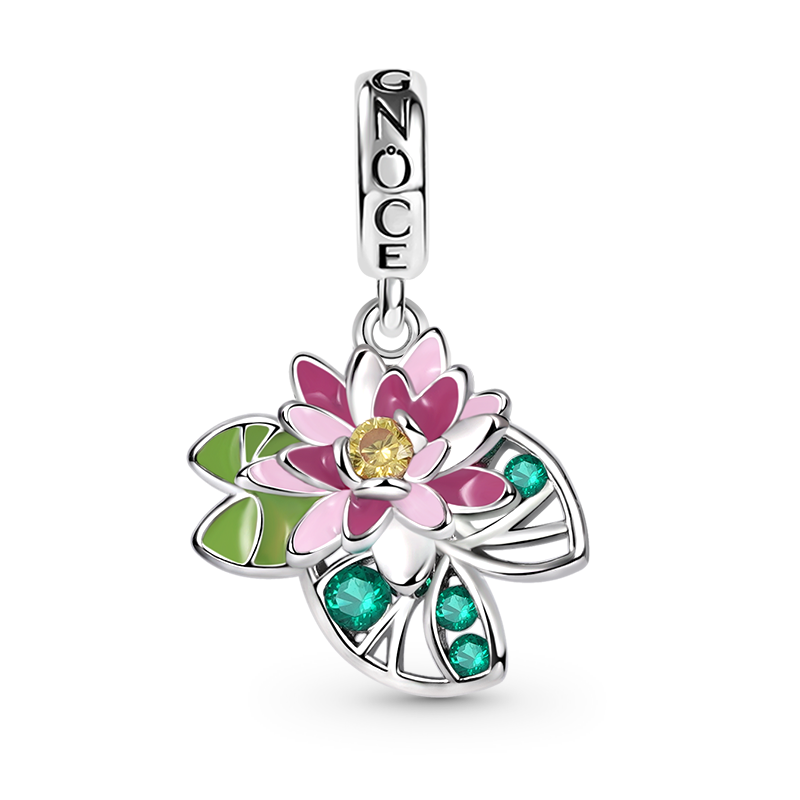 Water Lily Flower Pendant Dangle Charm 925 Sterling Silver Colorful Enamel and Gemstones Inlaid_1