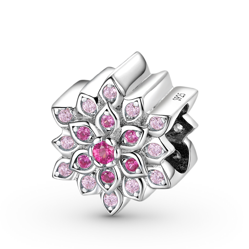 Red Lotus Flower Charm Bead S925 Sterling Silver Inlaid with pink Gemstones_1