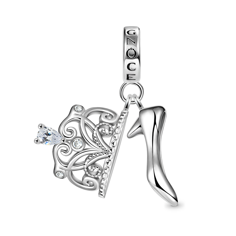 Elegant Crown Heels Pendant Dangle Charm 925 Sterling Silver With Clear Crystal Gemstones_1