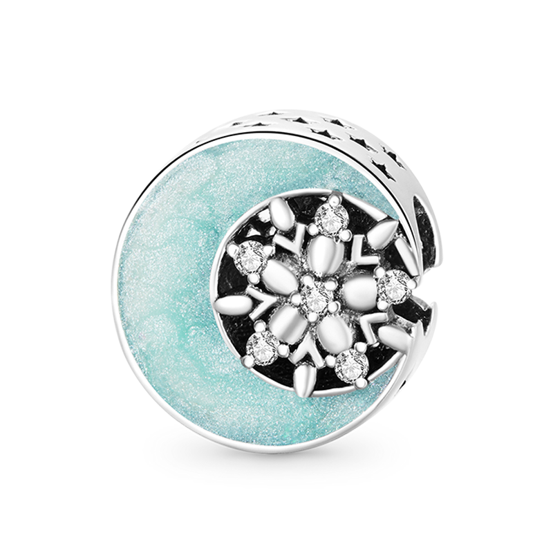 Snow Moon Night Charm Bead 925 Sterling Silver Inlaid with Clear Gemstones_1