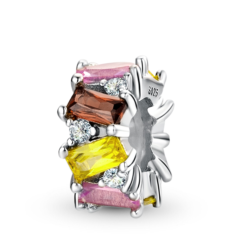 Baguette-Cut Stopper for Charm Bracelets 925 Sterling Silver Inlaid with Colorful Stones_1
