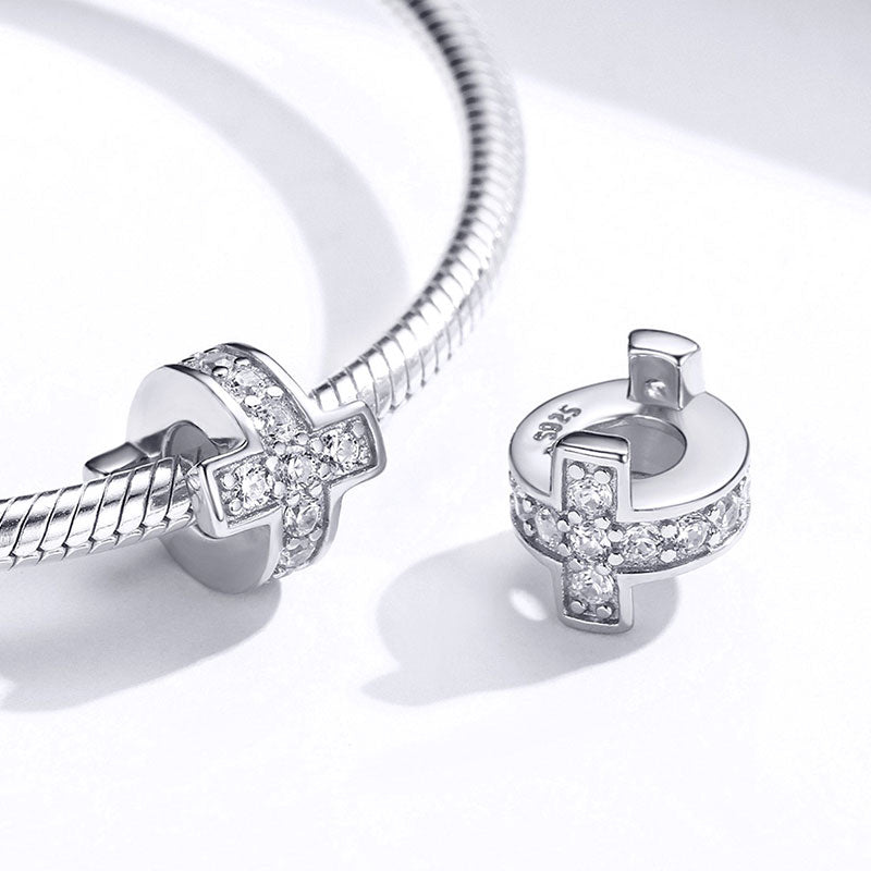 Sparkling Cross Stopper for Charm Bracelets 925 Sterling Silver Inlaid with Clear Gemstones_2