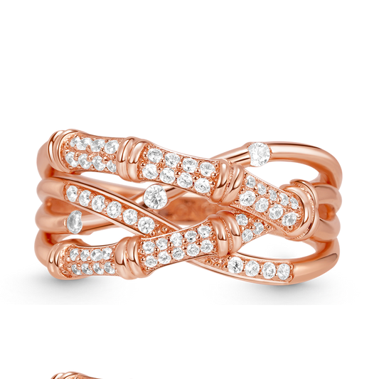 Bamboo Intertwined Band Ring 925 Sterling Silver 18K Rose Gold Plated Inlaid with Clear Gemstones_1