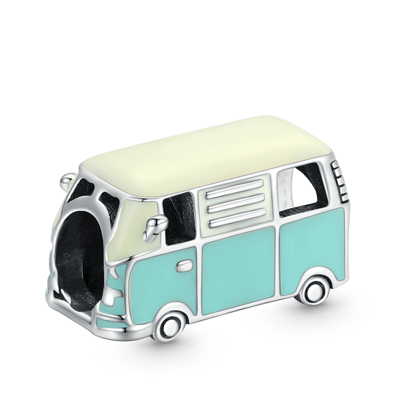 Mini Bus Charm Bead 925 Sterling Silver with Off-white & Light Blue Enamels_1